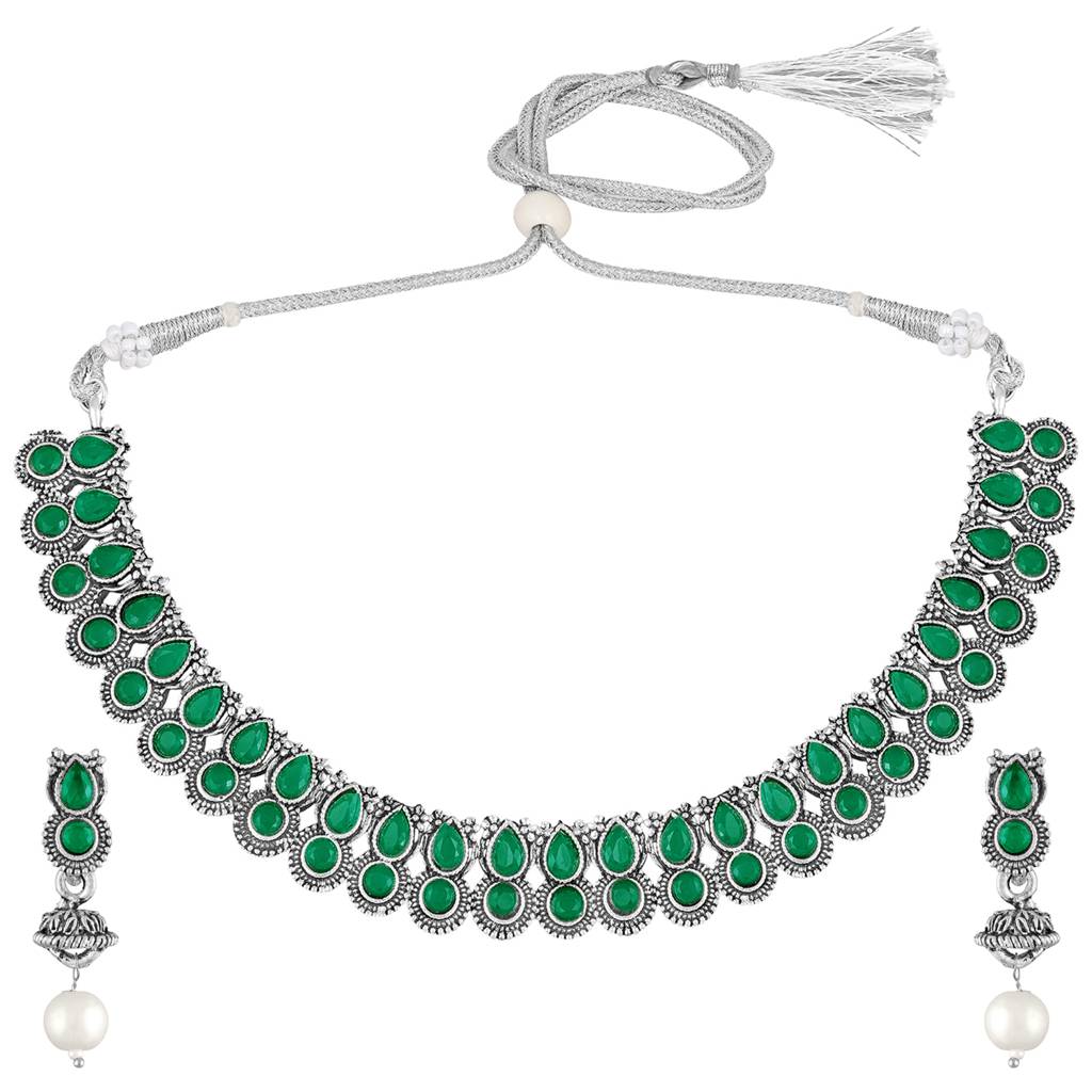Green Ethnic Oxidised Necklace Earrings Set For Women & Girls | Silver Plated | Faux Emerald Studded | Festive Styl : PF04N12G