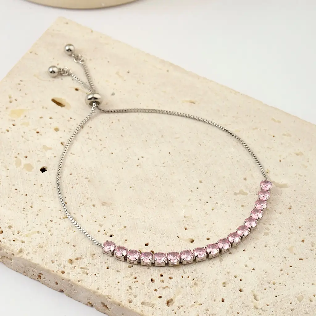 Aeri Pink Tennis Bracelet And Silver Watch Ring Set For Mother : WRTBC-258-S-PNK-2