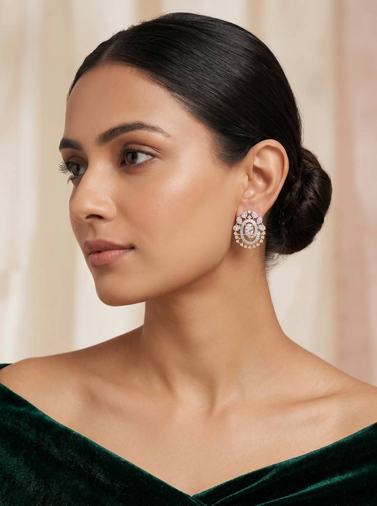 Gold Plated White Ad Zircon Oval Minimal Stud Earrings : SJER3030