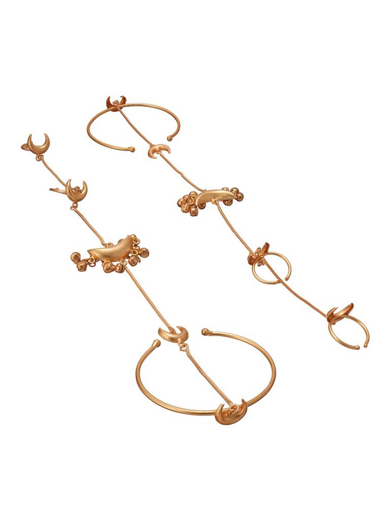 Set Of 2 Gold Plated Chand Ghungroo Single Line Minimal Statement Hathphool : SJHP3006