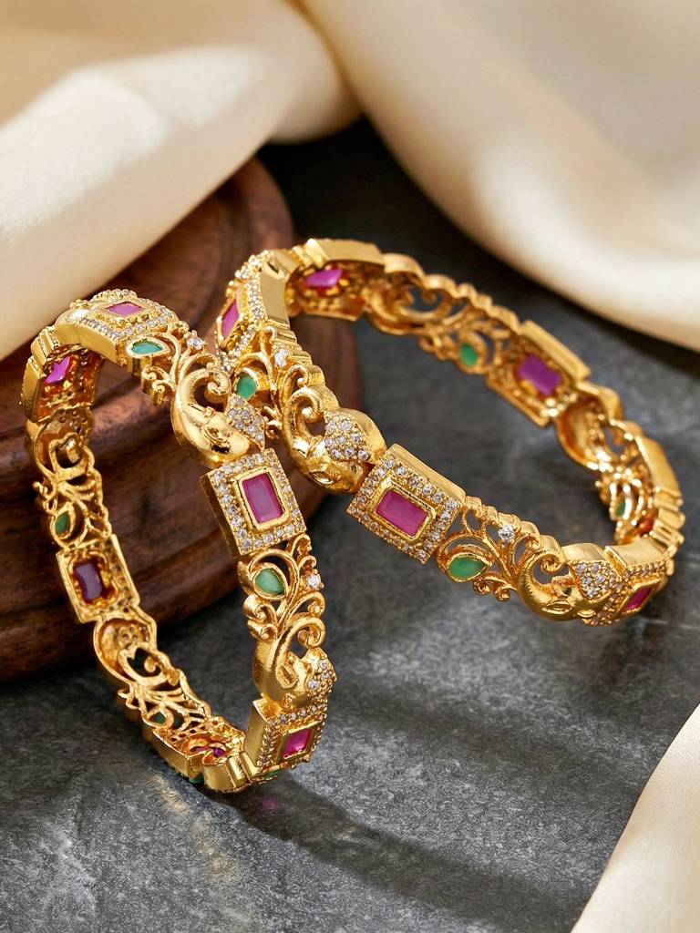 Gold Plated Ganesh Ji Idol Ad Peacock Design Bangle For Women With Pink & Green Stones | Wedding Festive : 1389-C1BG-2224-2-24