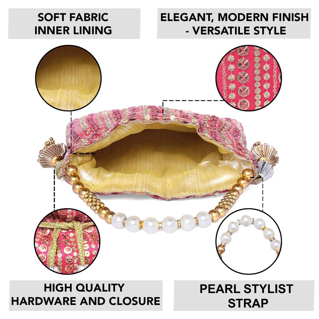 Potli Purse For Women Handmade Evening Handbag Stylish Bridal Fashion Wristlet Bag For Girls (P163G) : P163RP