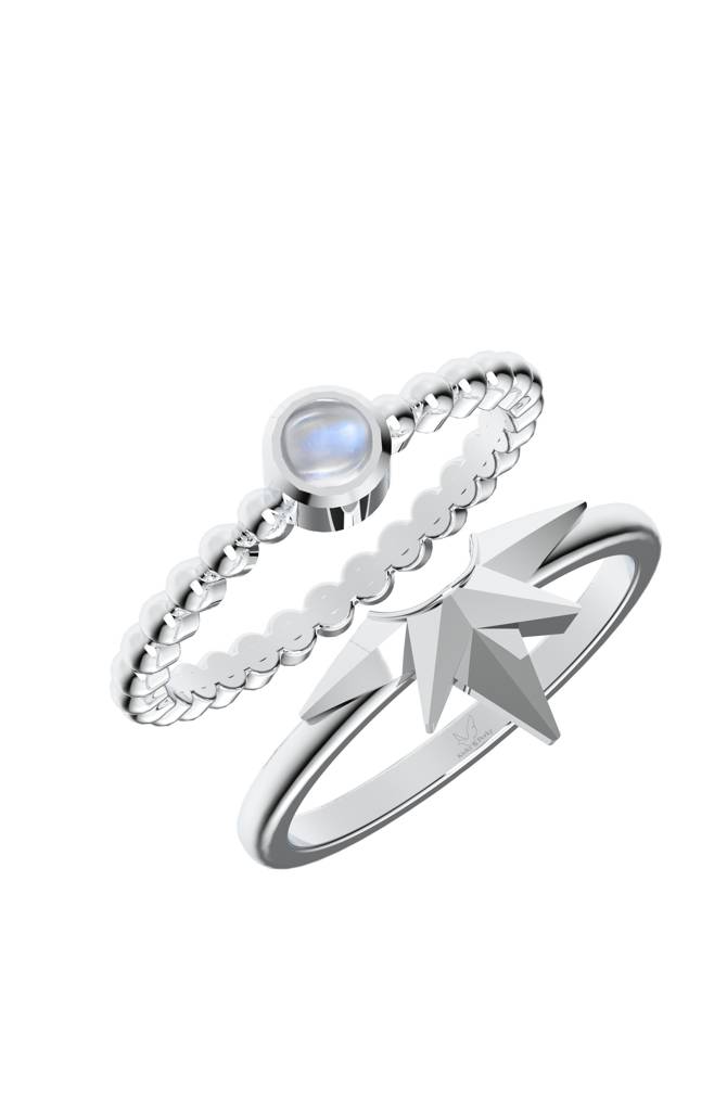 925 Sterling Silver Celestial North Star & Rainbow Moonstone Stackable Ring : SILLUXR006_S-7