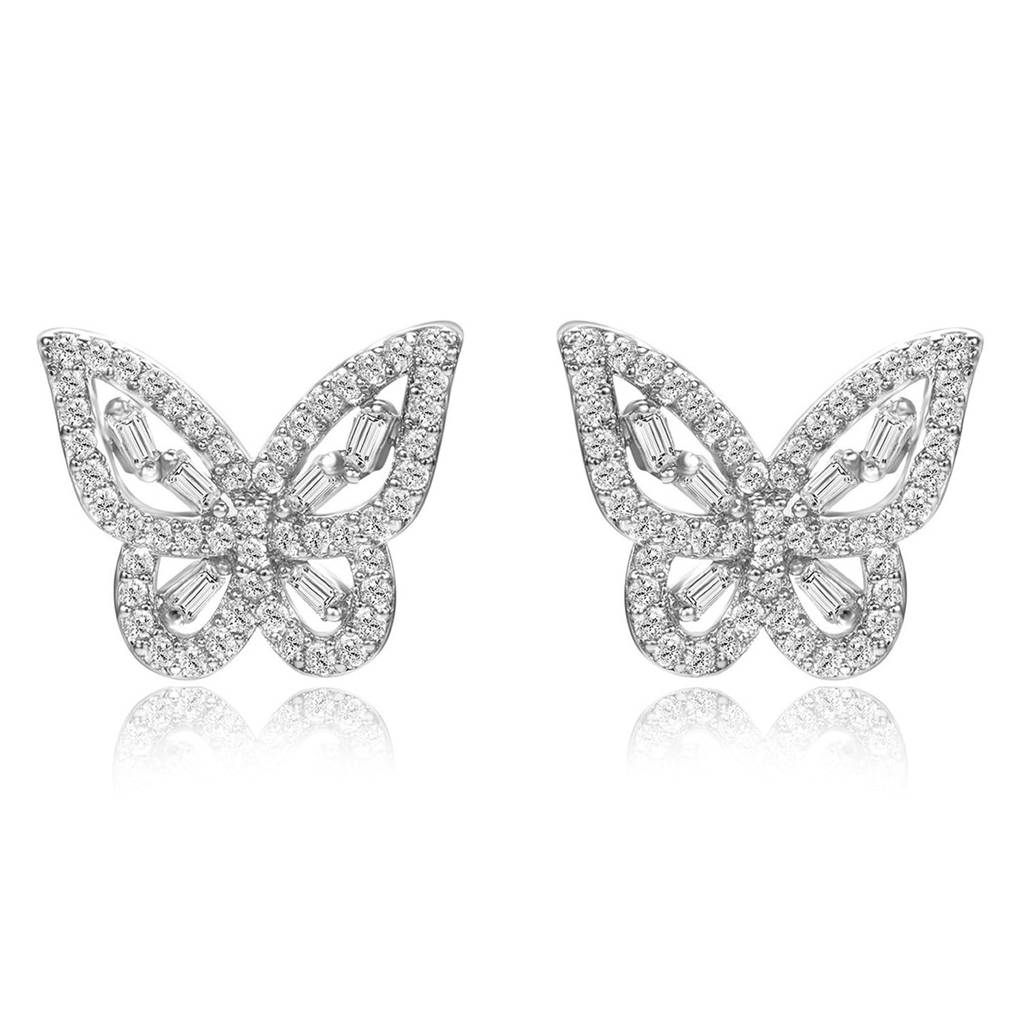 Butterfly Style Cz & Baguette Stone Stud Earrings Jewellery Gift For Women : PF68E337S