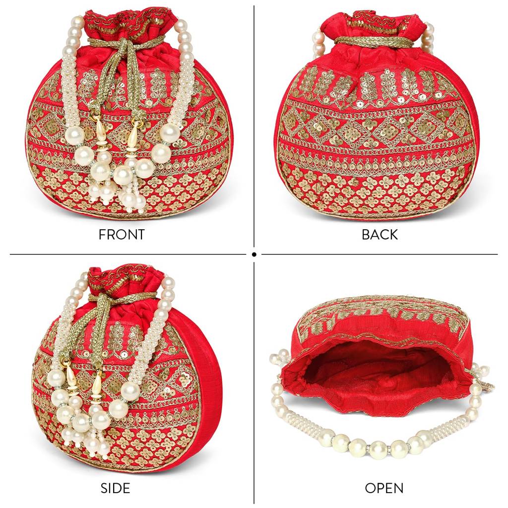 Red Sequins Embellishment Potli Bag Ethnic Bride Wristlet Purse With Drawstring For Women Girls : P210R-L
