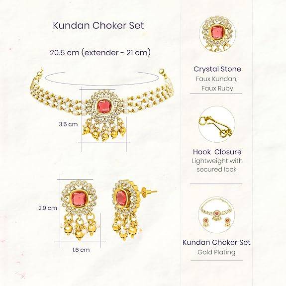 Red Ethnic Necklace Earrings For Women & Girls Gold Plated Faux Ruby Cz & Pearl Studded Festive Bridal Jewellery Bi : PF76N06R