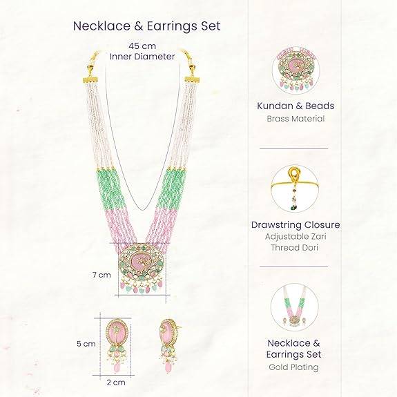 Pink Mint Stylish Long Necklace Earrings For Women & Girls Gold Plated Kundan & Beads Studded Festive Ethnic J : PF77LS04PKMNT