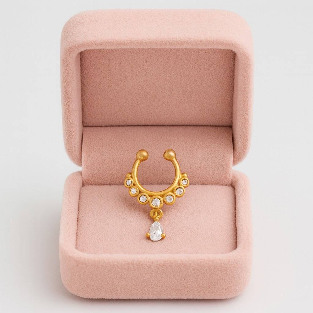 White Cz With Teardrop Dangle Nose Pin 925 Sterling Silver Gold Plated : snp-0041