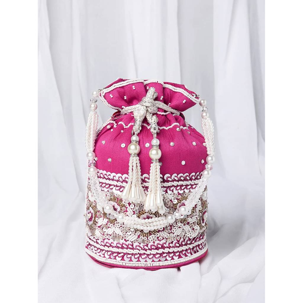 Potli Purses For Women Handmade Evening Handbag Stylish Bridal Fashion Wristlet Bag For Girls (P46Br) : P46RP