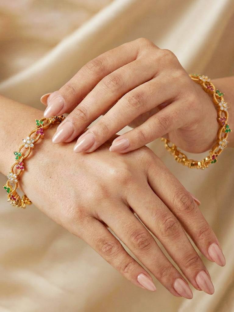 Gold Plated Floral Twist Design Ad Bangle For Women With Pink & Green Stones | Elegant Ethnic Wedding Kad : 847-C1BG-2206-2-24