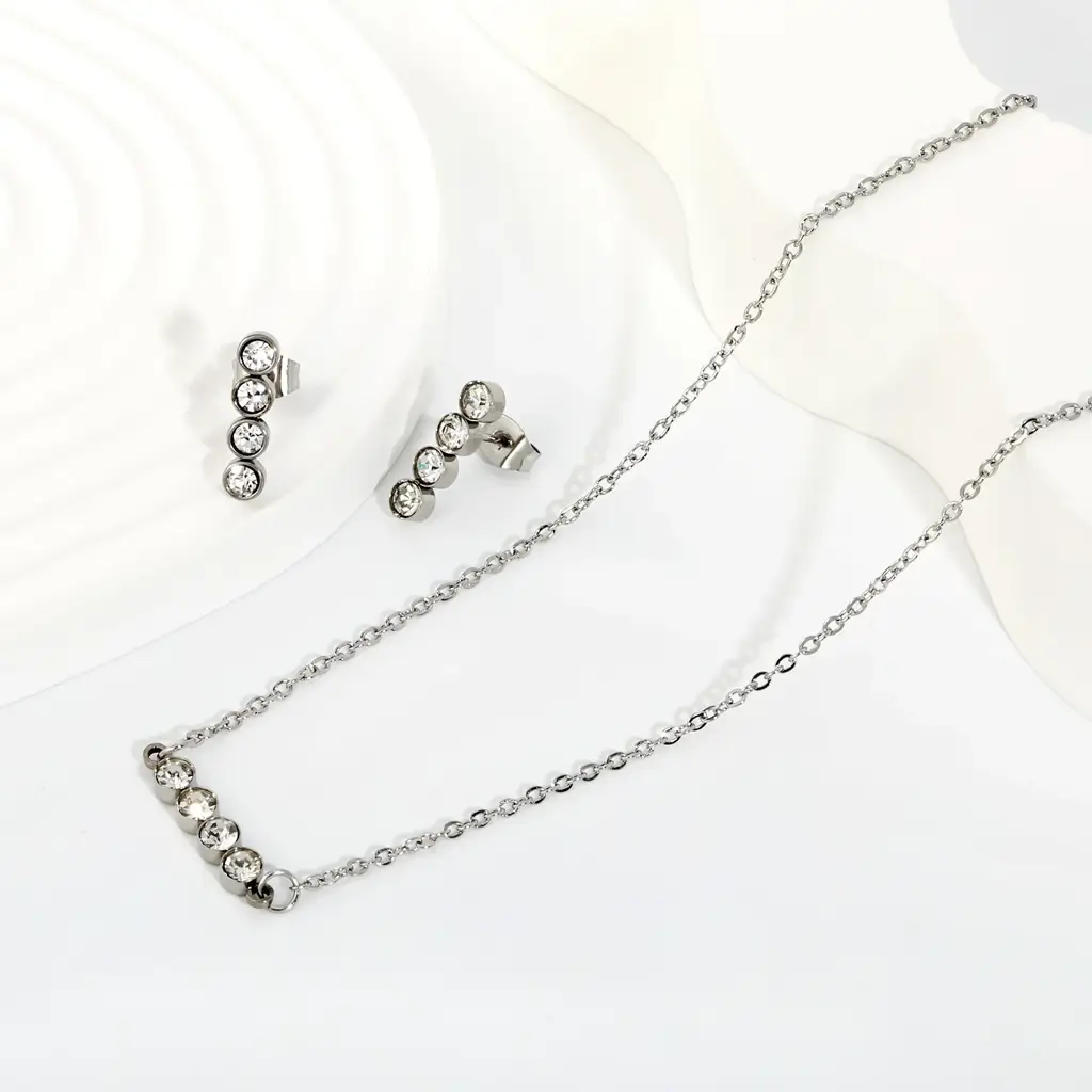 Crystal Bar Jewellery Set (Necklace + Earrings) | Silver Finish | Cz Stones : TWLK-JWLRYSET-WMNS-CRSTLBAR-SLVR-PK3