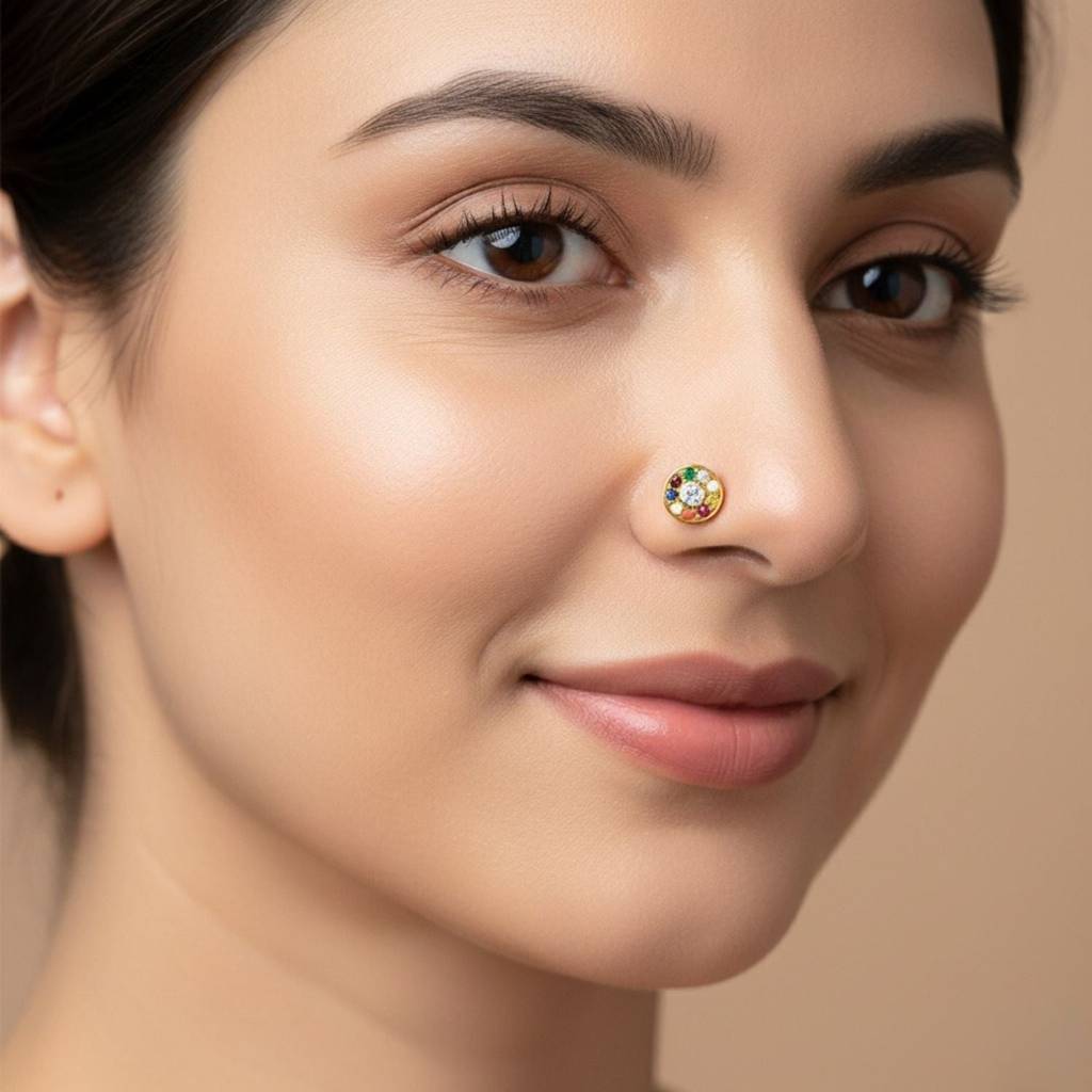 Navratna Classic Round Multi Gemstone Nose Pin 925 Sterling Silver Gold Plated : 0012-NP-snp-0063