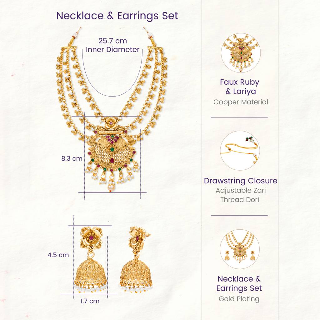 Ethnic Necklace Earrings Set For Women & Girls Gold Plated Faux Ruby Emerald & Lariya Studded Festive Tradition : PF04N10154RG