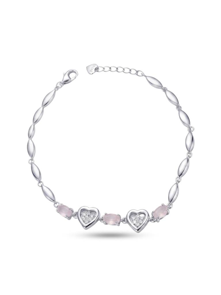 925 Silver Pink Heart & Rose Quartz Bracelet For Women : BR-51