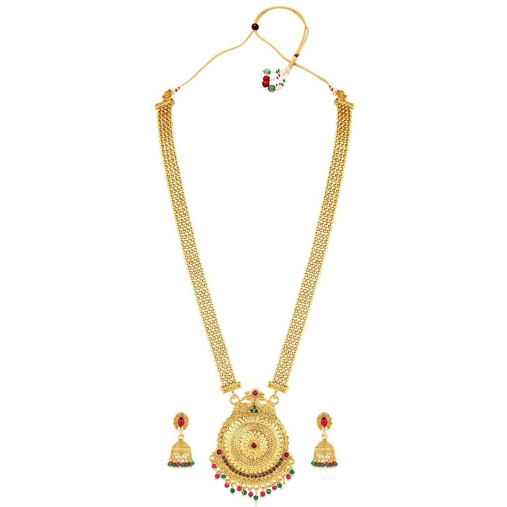 Gold Plated Rani Pink & Green Synthetic Stone Studded Long Maharani Haar Necklace & Jhumki Earrings Tradition : PF04NK10695RPG