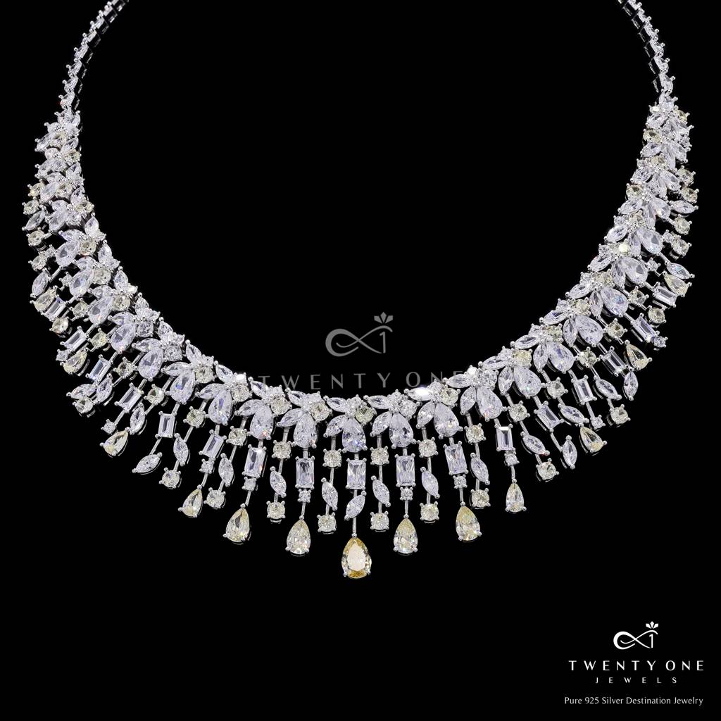 925 Silver Yellow Diamond Bridal Necklace Set With Matching Earrings | Luxury Cocktail Cz Wedding Jewellery Set Fo : TNS9112_2