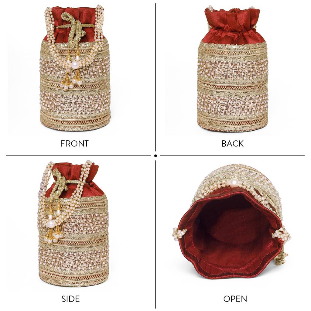 Cylinder Potli Bag With Beads Handle For Women Girls Stylish Bag Ethnic Wristlet Bride Purse With Drawstring : P205M-F