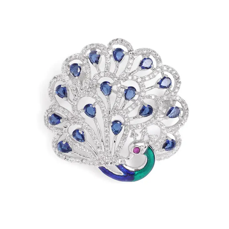 Cz Peacock Feather Brooch Pin For Women | Festive Glam : AD-006-IRBL-BROOCH