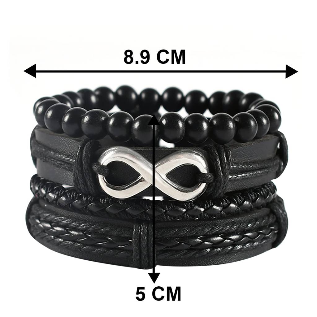 Black Synthetic Leather Pack Of 4 Bracelet Stylish Design Fashion Casual Jewellery Gift For Boys & Men : PX9LB36