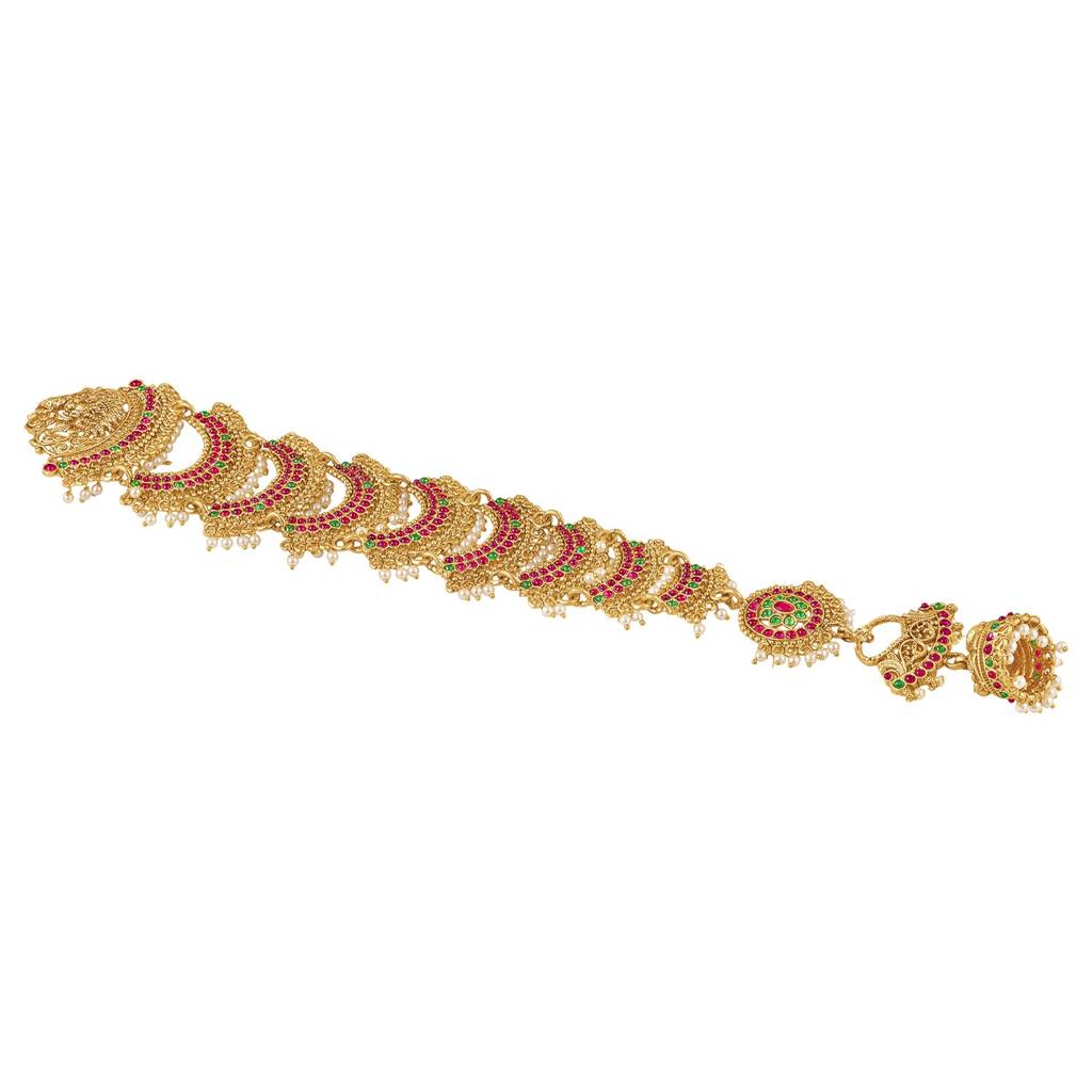 Gold Plated Faux Ruby Faux Emerald & Beads Studded Ethnic Hair Braid Juda Pin Jewellery For Women & Girls : PF47HJ04RPG