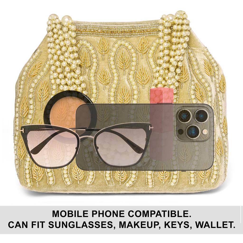 Golden Embellished Potli Bag For Women With Multistrand Beads Handles Stylish Ethnic Wristlet Bag For Girl & Women : P199G-F