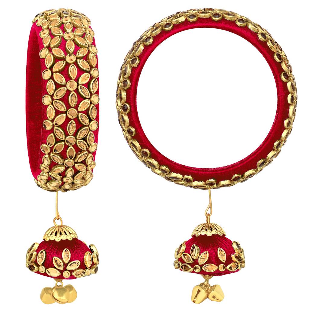 Peora Silk Thread Crystal Design With Dangling Jhumki Chuda Chura Bangle Set For Women : PF51B72R