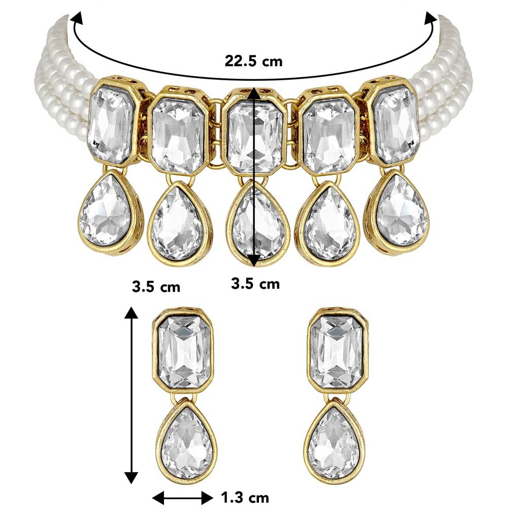 Crystal Pearl Traditional Ethnic Bridal Choker Necklace With Earrings Jewellery Set For Women Girls : PF24N2905W