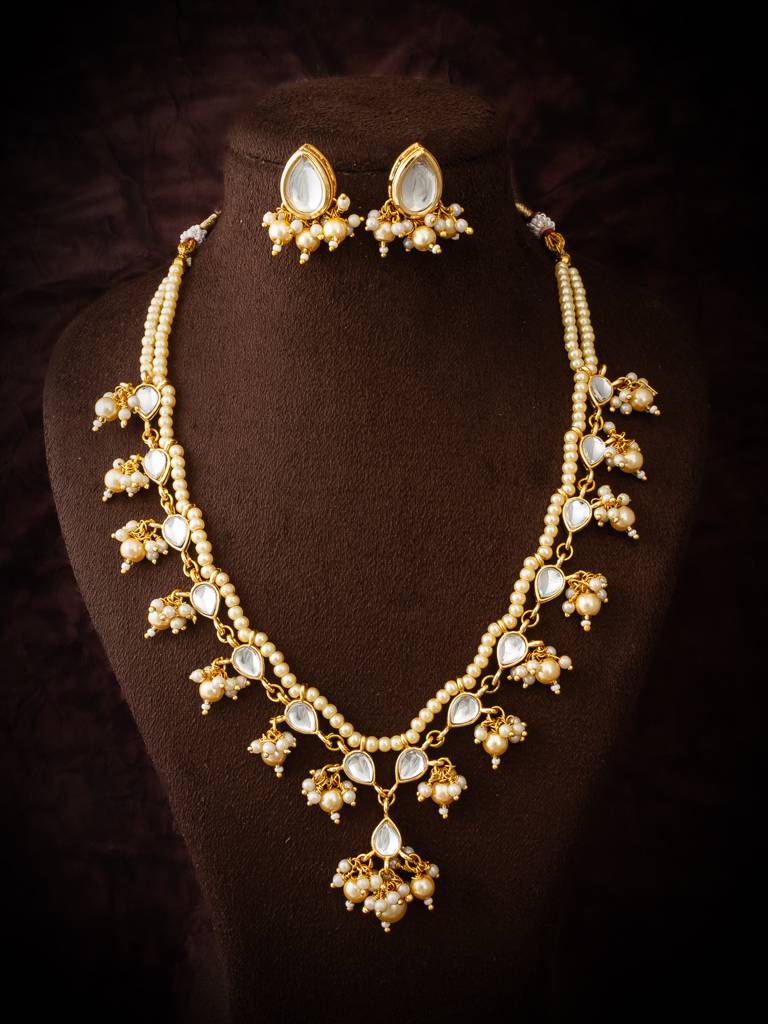 Gold Plated White Beads Kundan Bridal Necklace Set : NK4715