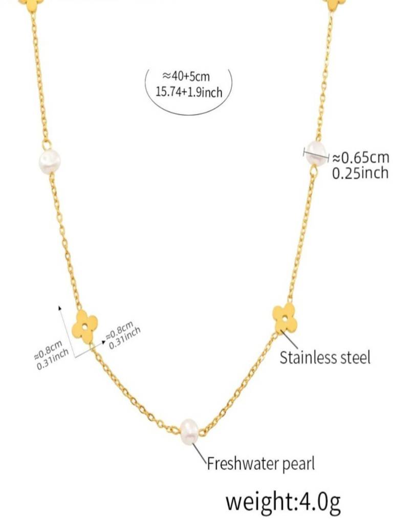 Set Of 2,18Kplated Waterproof Antitarnish Clover Pearl Charm Necklace & Bracelet : ALL0725NB241C2