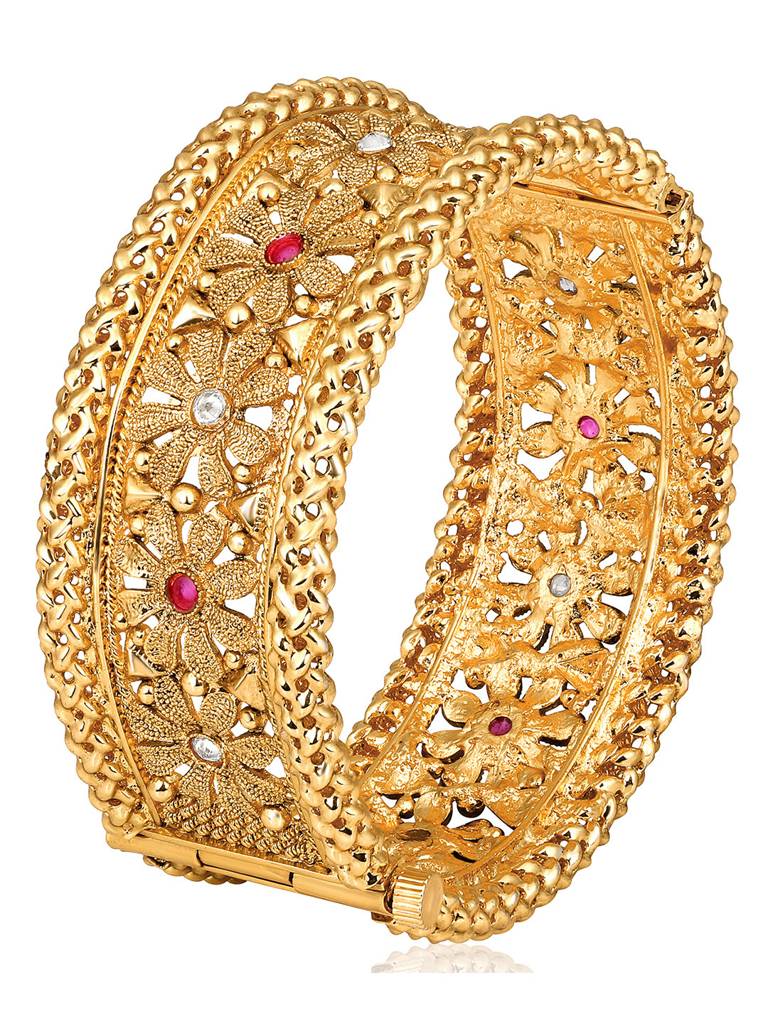 Peora Gold Plated Thick Single Piece Synthetic Stone Studded Openable Kada Bangle Traditional Jewellery For Wo : PF74B101-S1-4