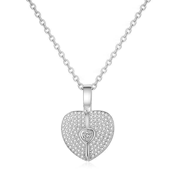 Silver Plated Heart Shape Pendant Chain For Women Cubic Zirconia Studded Casual & Daily Wear Jewellery Gift For Her : PX9P109W