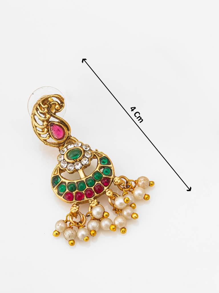 Wedding Special Antique Gold-Plated Peacock Choker Necklace Set With Chandbali Earrings In Emerald And Pearl : NK4206