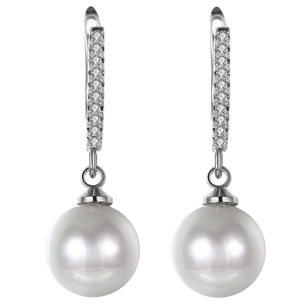 Silver Plated Diamond Cut Cz Hanging Pearl Clutch Back Drop Earrings For Women Girls : PX8E57S