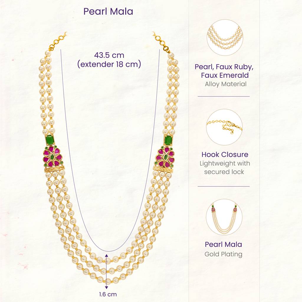 Ethnic Beads Layered Long Mala Necklace For Women & Girls Gold Plated Faux Ruby Emerald & Pearl Studded Tradition : PF10ML29RG