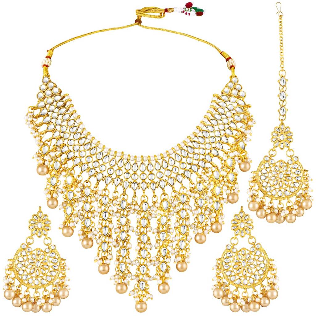 Champagne Kundan & Beads Studded Gold Plated Necklace Earrings Maangtikka Ethnic Jewellery Set For Women & Girls : PF25N1177LCTW