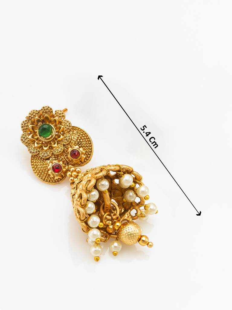 Wedding Wear Antique Gold Temple Choker Necklace Set With Pearl Bead Strands, Stones And Jhumka Earrings : NK4096