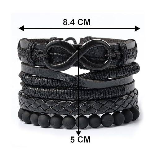 Black Leather Handmade Bracelet Fancy Casual Stylish Jewellery For Men & Boys Standard Size (Set Of 4) : PX9LB53