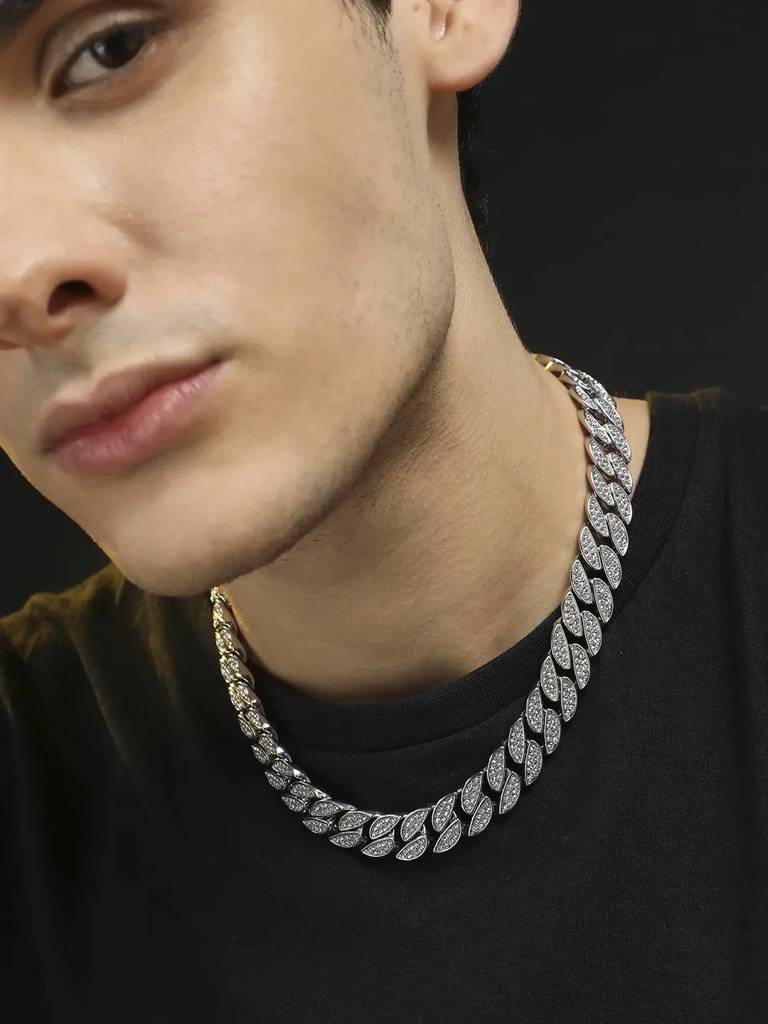 Men'S Embellished Bling Chain Necklace - Silver : FANC1069