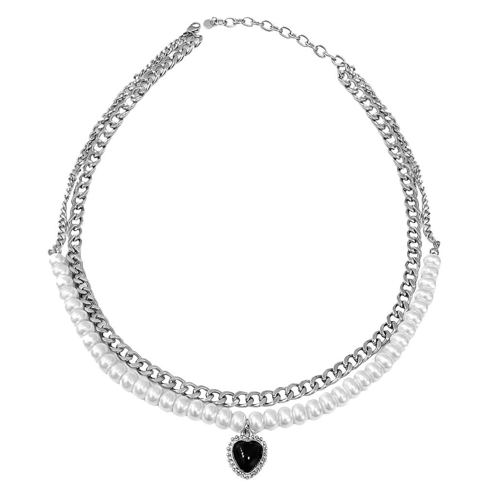 Pearl Studded Silver Plated Fancy Two Layer Pendant Chain Necklace Jewellery For Women & Girls : PX9N259BL