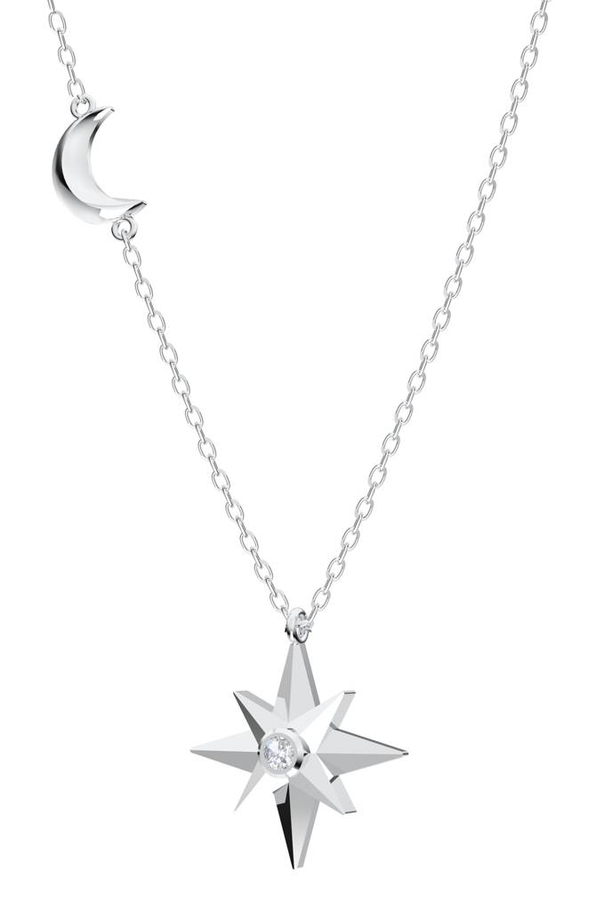 Celestial Star & Crescent Moon Moissanite Pendant Necklace In 925 Sterling Silver : SILLUXP001_S