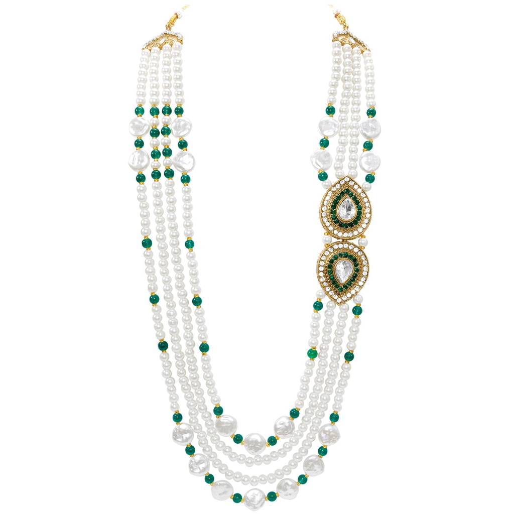 Ethnic Green White Multi Layer Shervani Haar Necklace Men'S Jewellery : PF31MN09GRN