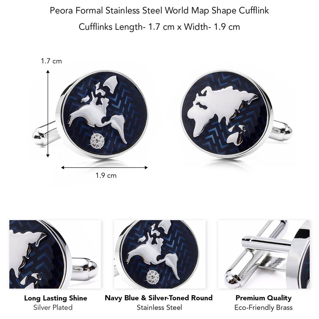 Silver Plated Stainless Steel World Map Design Round Cufflinks Classic Business Gift For Men : PX9CL151