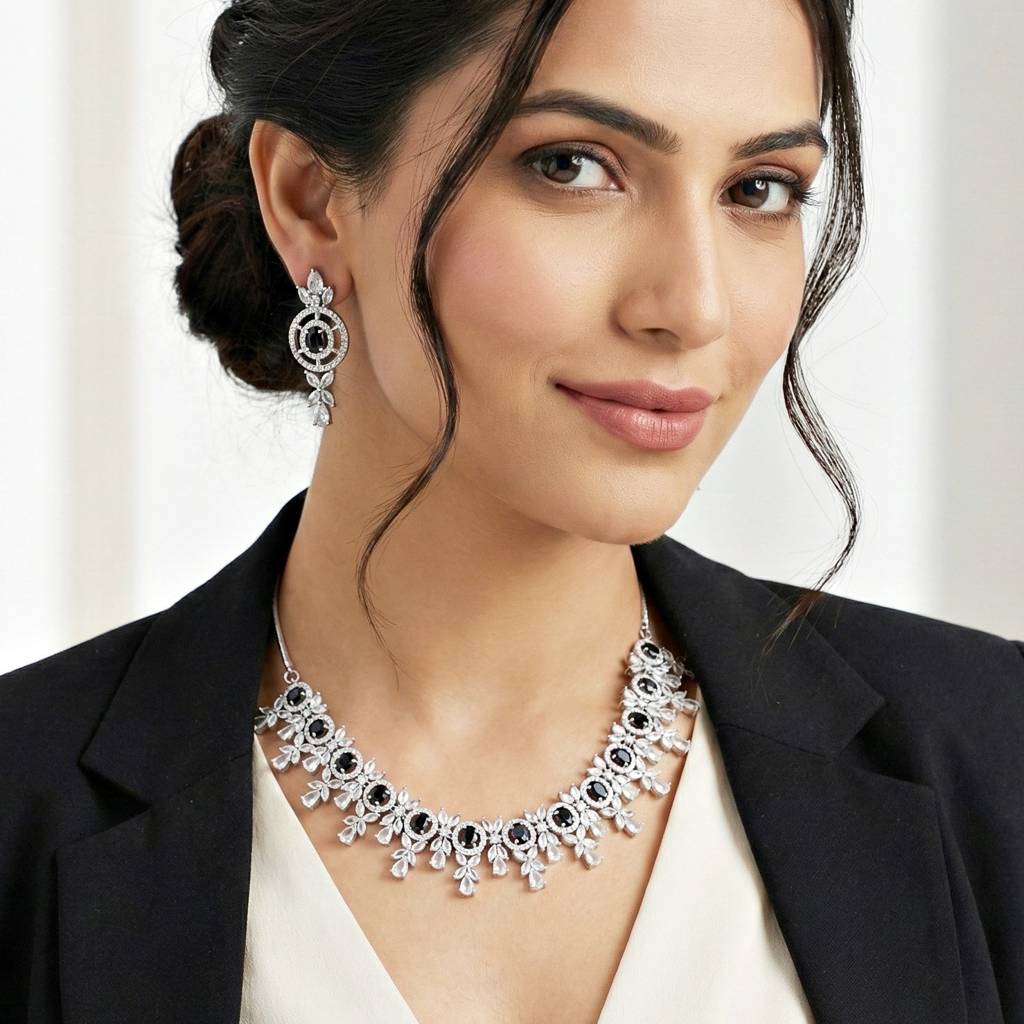 Silver-Tone American Diamond Necklace Set With Earrings For Women – Office, Party & Wedding Wear : 1717-K4SA-2242-BL-S