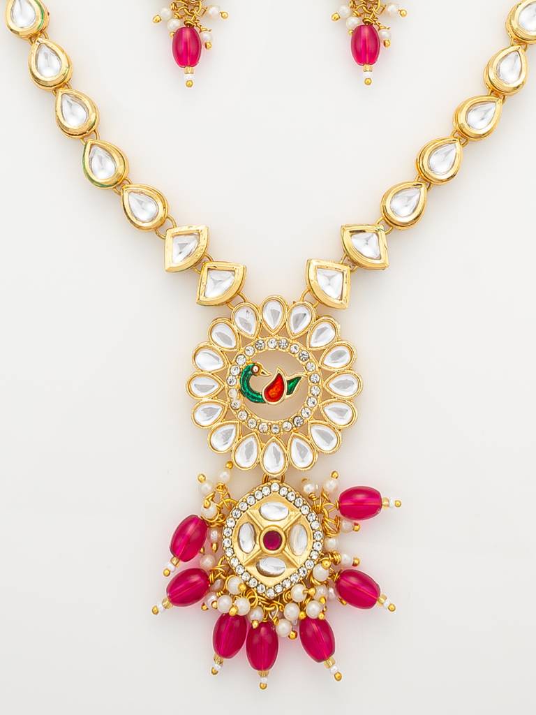 Gold-Plated Kundan Long Necklace Set With Beads And Floral Meenakari Pendant And Earrings : NK4918