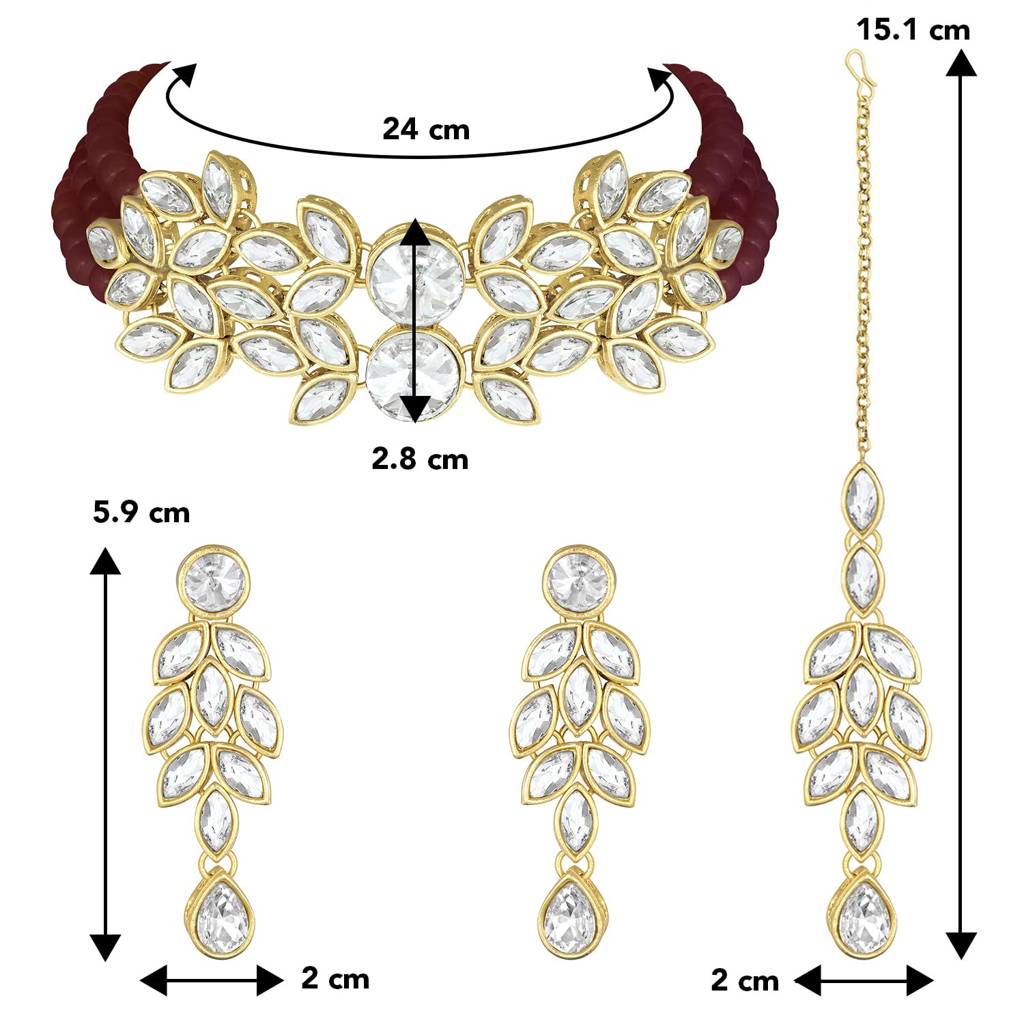 Gold Plated Bridal Crystal Pearl Choker Necklace With Drop Earrings Traditional Jewellery Set For Women : PF24N10204M