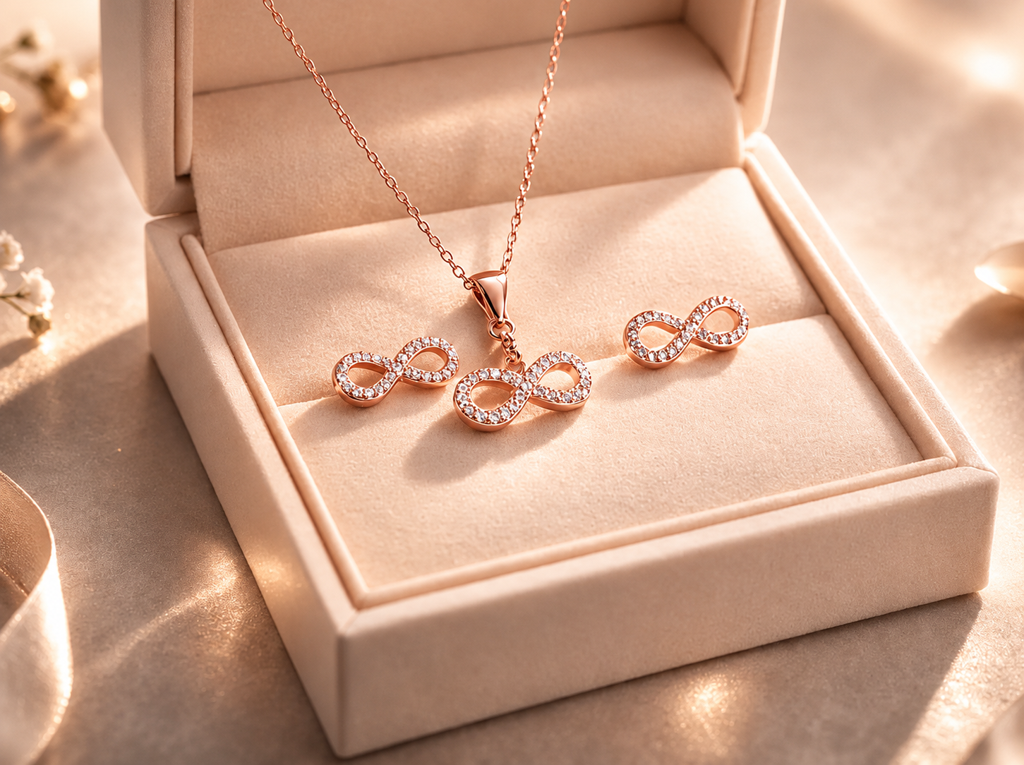 925 Sterling Silver Rose Gold-Plated Sparkle Infinity Jewellery Set With Chain : SMK-PD-SET-004-CHN
