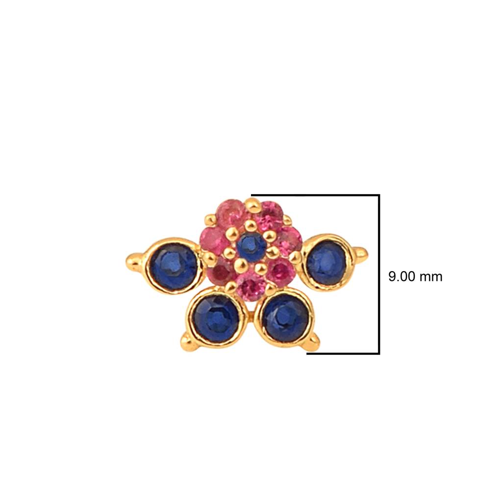 Red & Blue Cz Floral Nose Pin - Sterling Silver Gold Plated : NP-00097_925S_W_RED
