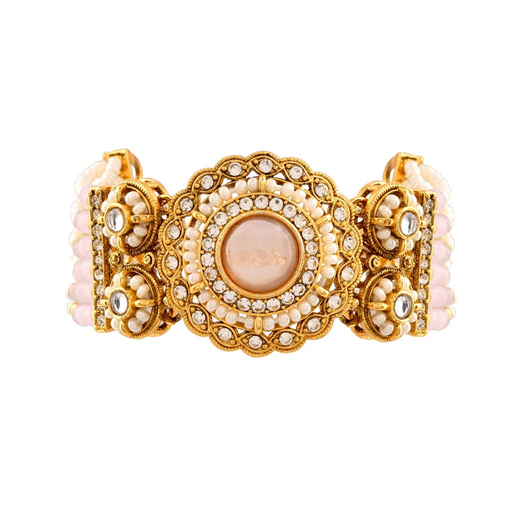 Kundan Opulance Whitesmoke Cz-Pearl Beaded Yellow Gold-Plated Bracelet : 8905124585445