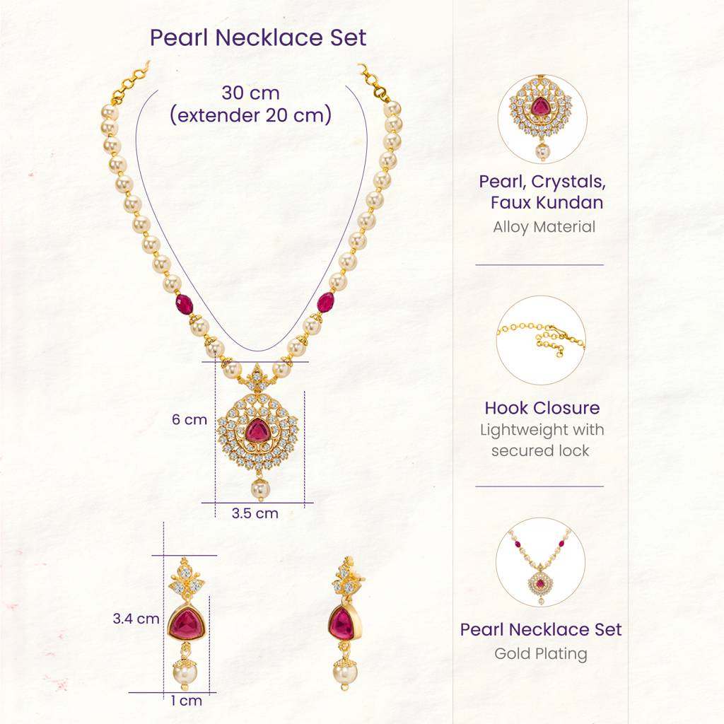 Ethnic Rani Pink Beads Necklace Earrings Set For Women & Girls Gold Plated Faux Ruby Pearl & Crystals Traditional  : PF10PS08R