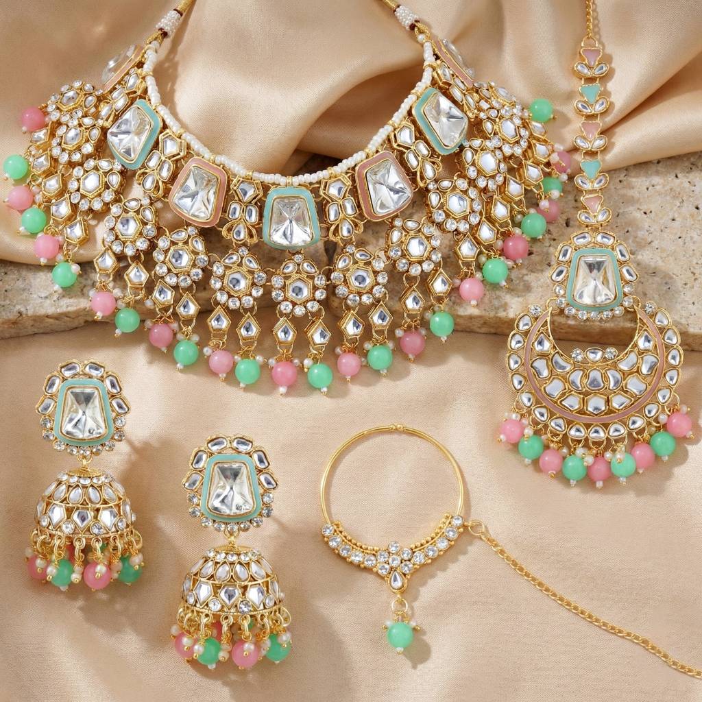18 Kt Gold Plated Bridal & Semi-Bridal Necklace Set With Earrings, Maang Tikka & Nath : 2476-M8SK-1101-PKMNT